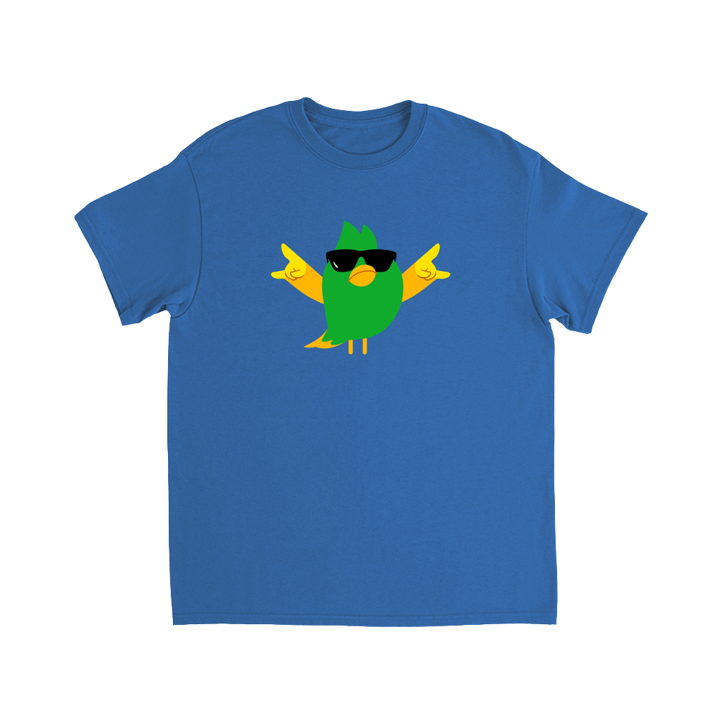 Royal blue youth tee printed with a green bird wearing sunglasses 
